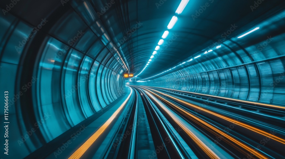 Poster a subway tunnel lit by soft, overhead lighting, with clean lines along the tracks and smooth concret