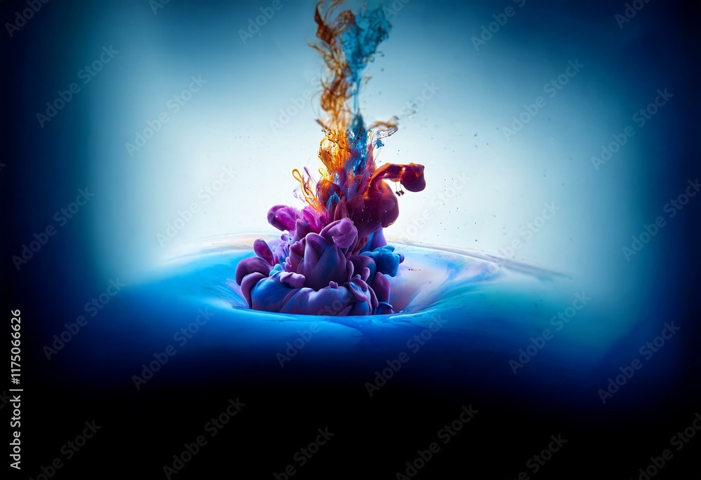 Poster colorful ink swirling in blue water, creating an abstract pattern.