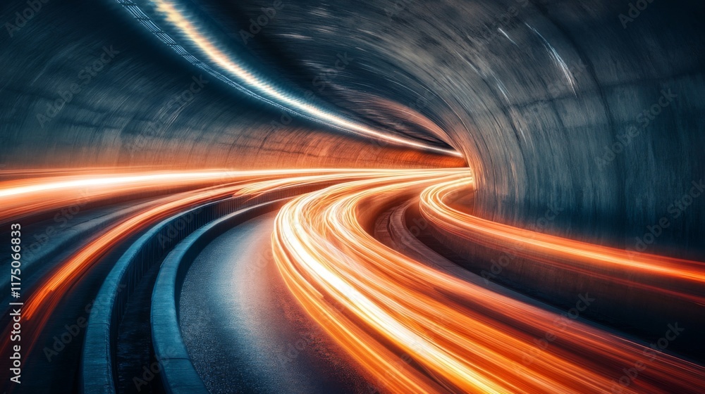 Leinwandbilder a subway tunnel with a curved path and glowing lights along the edges of the track, casting long sha