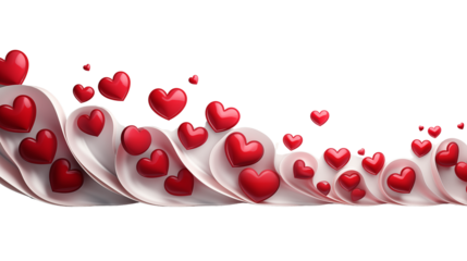 Red Hearts Floating on White Swirl, Romantic Background, studio view, isolated on transparent background.