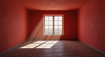 Obraz premium Empty room, red walls, wooden floor, large window, sunlight streaming in, shadows cast on floor, minimalist interior, moody atmosphere, architectural rendering, dramatic lighting, bare space, corner v