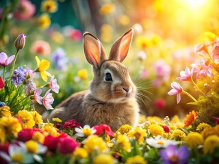 Fototapeta premium Playful Bunny in Spring Garden: Colorful Flowers & Sunny Day