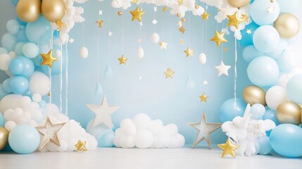 Sky-Themed First Birthday Backdrop with Clouds, Balloons, and Stars