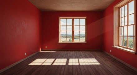 Fototapeta premium Empty room, red walls, wooden floor, large window, sunlight streaming in, shadows cast on floor, minimalist interior, moody atmosphere, architectural rendering, dramatic lighting, bare space, corner v