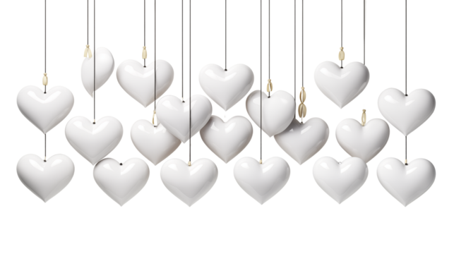 Elegant White Hanging Hearts, Romantic Decoration, Love Theme, studio view, isolated on transparent background.
