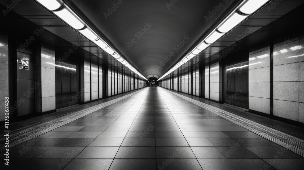 Aufkleber a subway tunnel lit by soft, overhead lighting, with clean lines along the tracks and smooth concret
