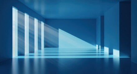 Obraz premium Modern minimalist interior, sleek geometric architecture, blue tones, dramatic lighting, sunbeams, empty hallway, reflective floor, clean lines, futuristic design, abstract space, light and shadow pla