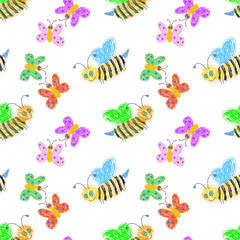 Playful seamless pattern featuring hand-drawn bees with striped bodies and vibrant wings, alongside colorful butterflies.