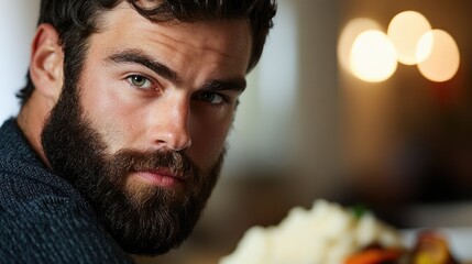 A Man With A Full Beard Looks Directly At The Camera