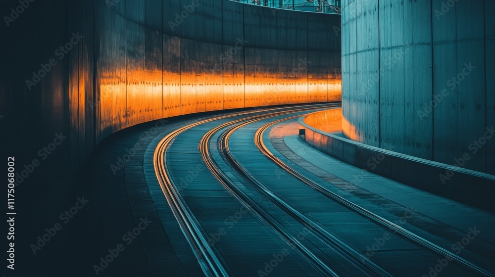 Leinwandbilder A subway tunnel with illuminated track rails running through a dark, curved passage, with soft lighting casting shadows on the concrete walls for a dramatic effect