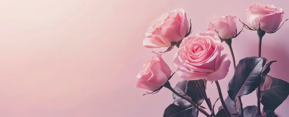 Beautiful pink roses banner background with copy space, Valentine's Day concept, soft pastel color backgrounds, ultra-realistic, isolated on a white background