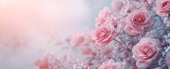 Beautiful pink roses banner background with copy space, Valentine's Day concept, soft pastel color backgrounds, ultra-realistic, isolated on a white background