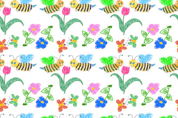 Obraz premium Cheerful seamless pattern with hand-drawn bees, butterflies, tulips, and colorful flowers for kids design.