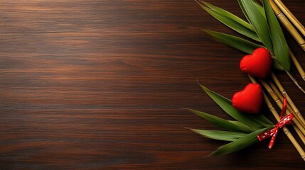 Romantic bamboo decor with red hearts on wooden background