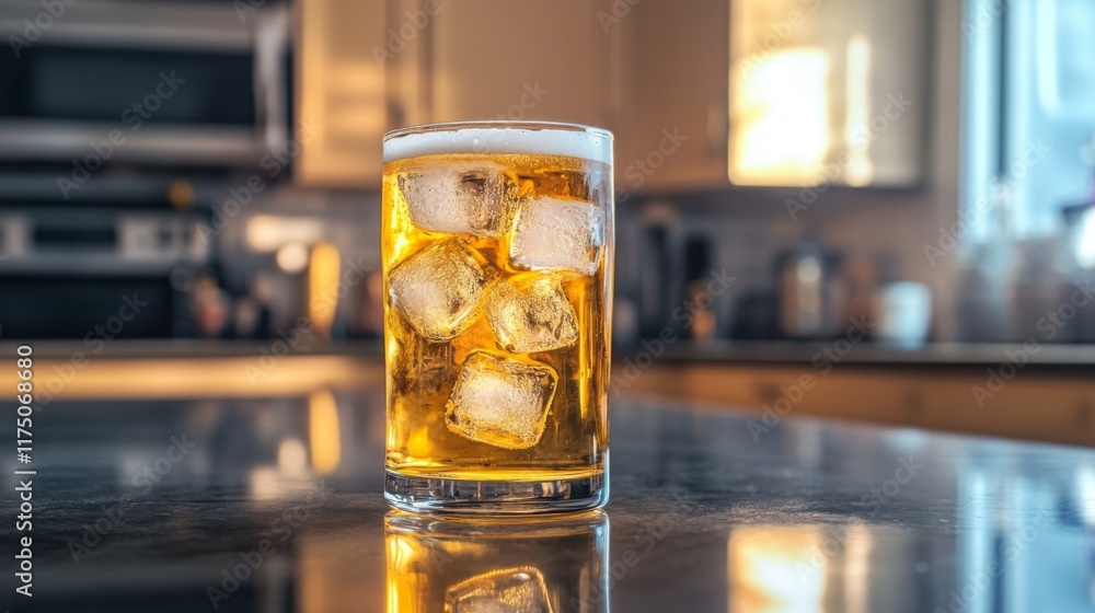 Poster a tall glass of beer with large ice cubes inside, set on a smooth countertop with natural light refl