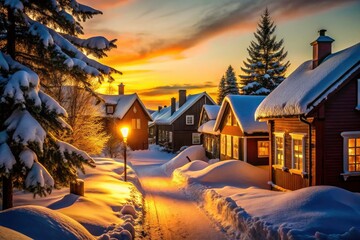 Fototapeta premium Night photography captures a snowy village's enchanting silhouette, a winter wonderland of charming homes.