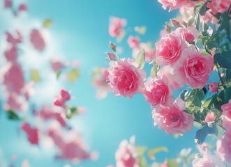 Fototapeta premium Beautiful pink roses in a garden, with a spring background of a blue sky. Close-up of blooming rose flowers.