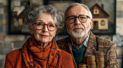 An elderly pair stands proudly beside a pile of coins, in front of a house painting, representing their secure and prosperous life together as a loving couple.
