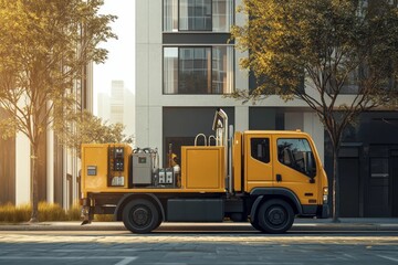 Yellow utility truck parked city street, sunny day.