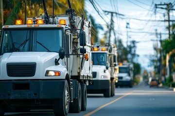 Fototapeta premium White utility trucks driving on a street.