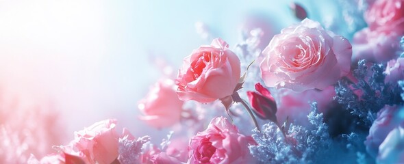 Beautiful pink roses on a pastel background, with a banner and copy space for a Valentine's Day card design. The soft color profile, high resolution, and professional photograph