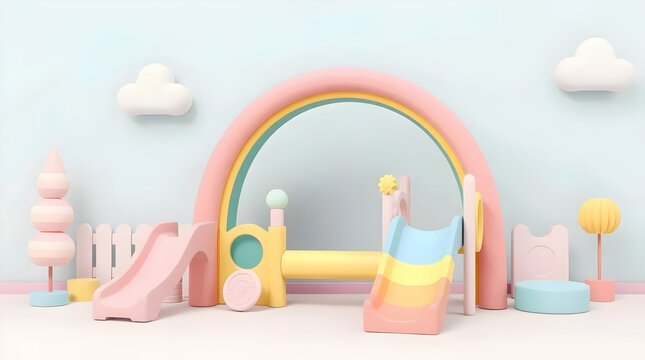 3D pastel-coloured fantasy park with rainbow and soft clouds, ideal for children&rsquo;s or dreamy-themed illustrations.