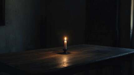 Dark room with single candle flickering on wooden table during power outage, symbolizing temporary darkness and reliance on alternative light sources.
