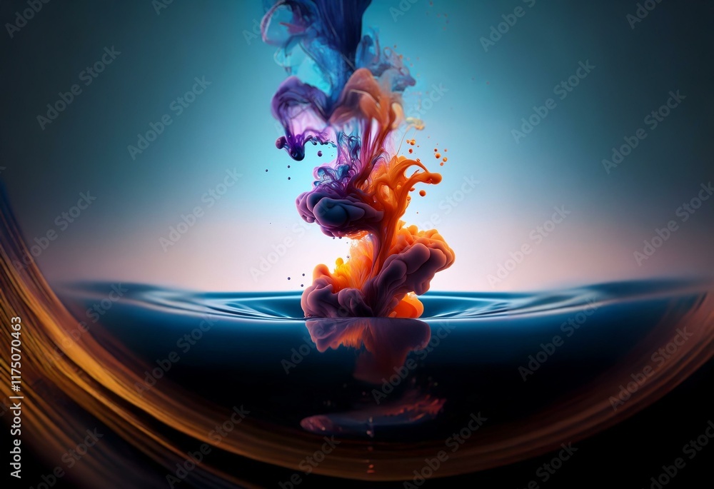 Poster Colorful ink swirls and explodes into a blue liquid surface creating a beautiful and abstract design.