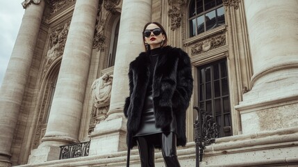 Stylish woman in black fur coat poses outside grand building.