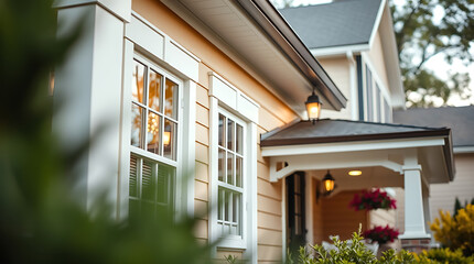 Fototapeta premium A close-up view of a light-tan house with white trim, featuring two large multi-paned windows and a covered porch with hanging lights. The house is partially obscured by foreground foliage.