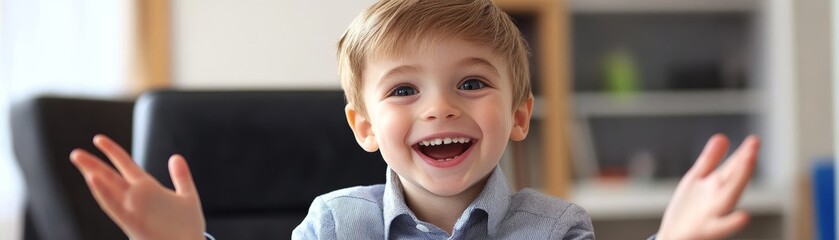 Cheerful business boy smiling and gesturing enthusiastically in office setting