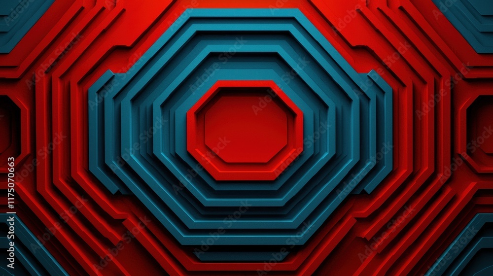 Poster abstract red and blue octagonal geometric pattern