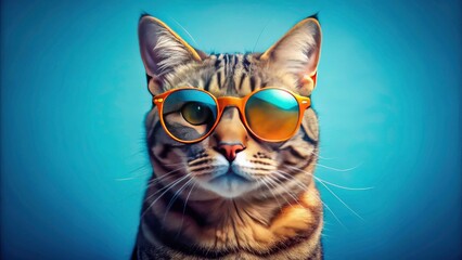 Panoramic view: cool cat, blue background, stylish sunglasses.  A purrfect shot.