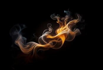 Abstract swirling golden and grey smoke against a black background.