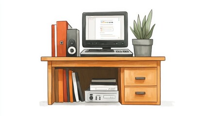 Fototapeta premium Organized workspace with desktop computer, files, and succulent plant