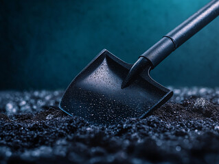 Schaufel liegt auf nasser Erde mit dramatischem, dunklem Hintergrund


