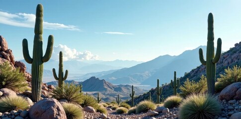 Serene Desert Vista Majestic cacti stand tall against a backdrop of softly lit mountain ranges, creating a picturesque scene of natural beauty under a clear, expansive sky.