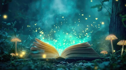 Magical Book Glows In Enchanting Forest Setting