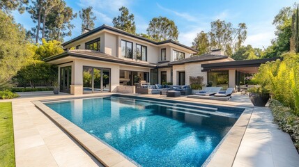 Fototapeta premium Modern Luxury Home with Private Pool and Scenic Outdoor Space