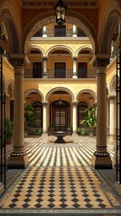Obraz premium Ornate Courtyard Interior with Architectural Details and Patterned Flooring