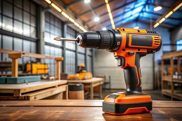 Powerful Black and Orange Drill in Bright Workshop Setting - Stock Photo