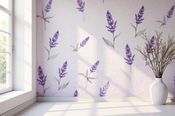 Serene Lavender Floral Wall Decor in a Bright Room with a Vase
