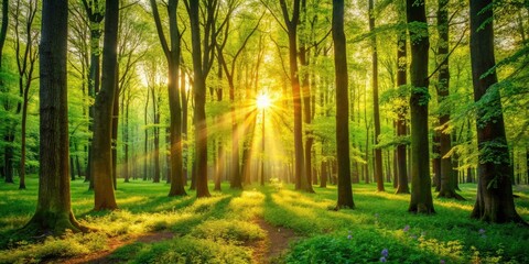Obraz premium Peaceful spring forest bathed in warm sunlight; sunbeams dance through leaves, illuminating vibrant undergrowth.