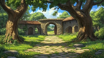 Overgrown Stone Ruins with Archway, Lush Greenery, Sunny Day