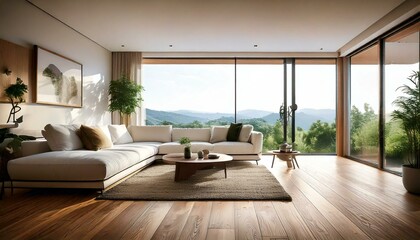 A low angle living room with a white sofa, wooden flooring, minimalist decor, and a large window offering a view of a serene landscape, generated with ai
