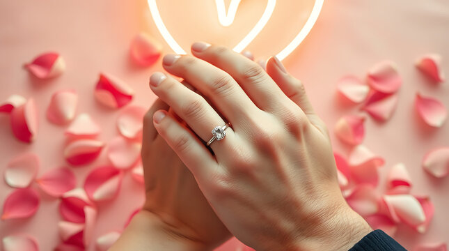 Close-Up of Intertwined Fingers with Silver Rings, Romantic Neon Heart Glow, and Rose Petals on a Soft Red and Pink Backdrop – AI-generated