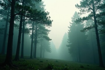 Obraz premium Enigmatic Woodland Path Shrouded in Mysterious Fog, an Eerie and Serene Atmosphere in a Dense Coniferous Forest