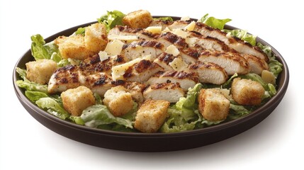 Fototapeta premium A crispy Caesar salad topped with grilled chicken, croutons, shaved Parmesan, and creamy dressing.
