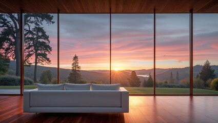 A low angle living room with a white sofa, wooden flooring, minimalist decor, and a large window offering a view of a serene landscape, generated with ai