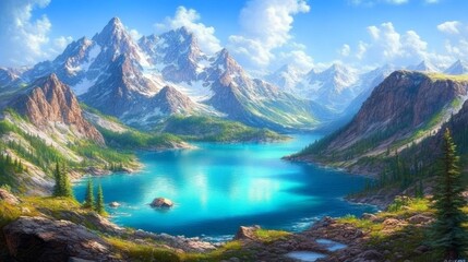 Panoramic view of a serene alpine lake nestled amidst snow-capped mountains under a vibrant blue sky